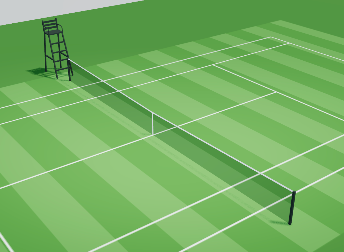 A grass tennis court with its net and umpire chair in the 3D view
